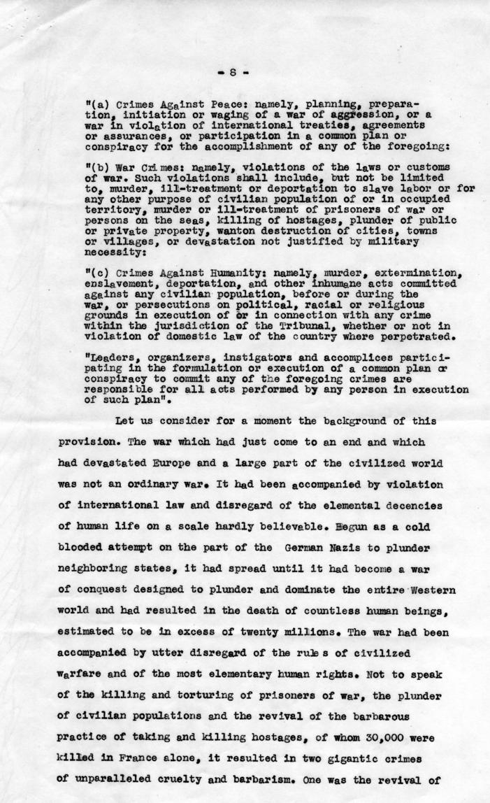 Letter from Harry S. Truman to Robert Jackson, accompanied by the text of a speech about Jackson\'s participation in the Nuremberg Trial