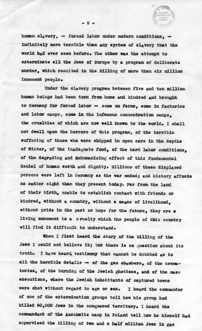 Letter from Harry S. Truman to Robert Jackson, accompanied by the text of a speech about Jackson\'s participation in the Nuremberg Trial