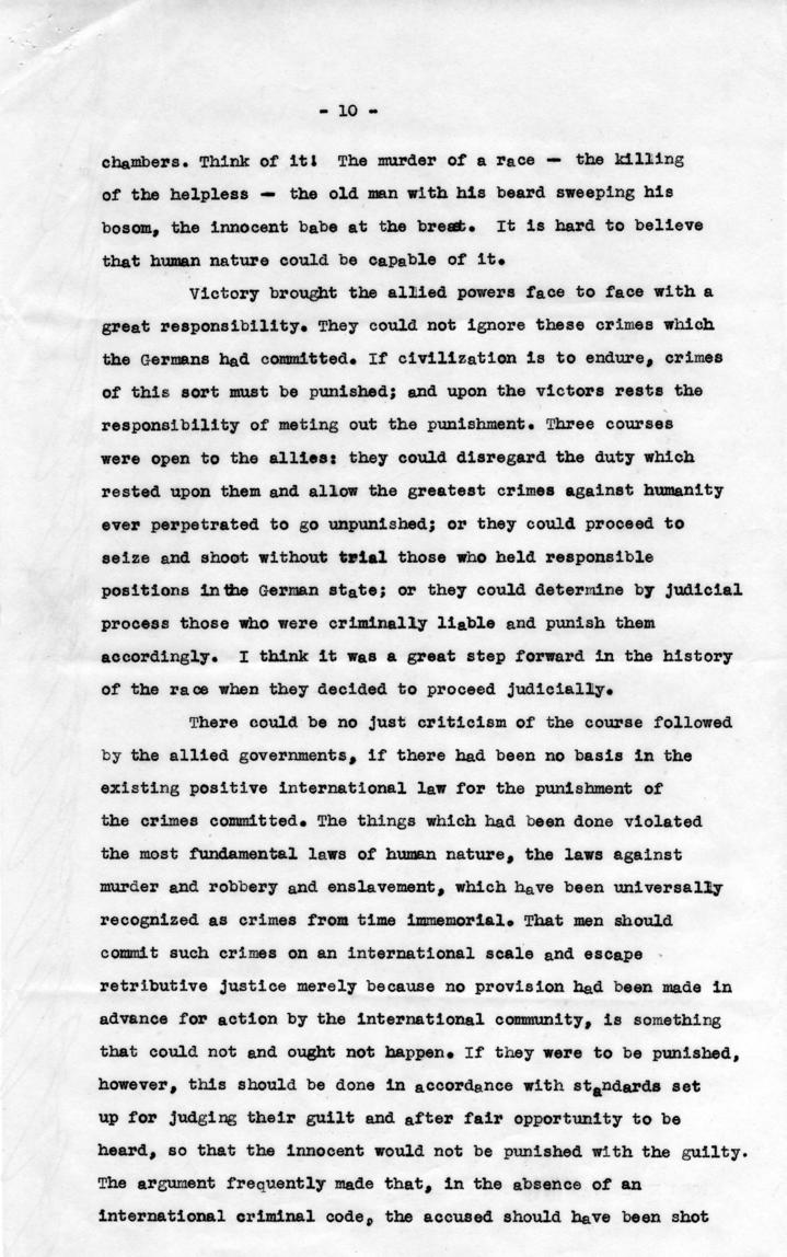 Letter from Harry S. Truman to Robert Jackson, accompanied by the text of a speech about Jackson\'s participation in the Nuremberg Trial