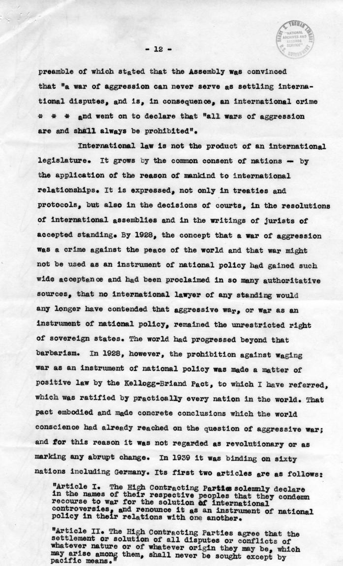 Letter from Harry S. Truman to Robert Jackson, accompanied by the text of a speech about Jackson\'s participation in the Nuremberg Trial