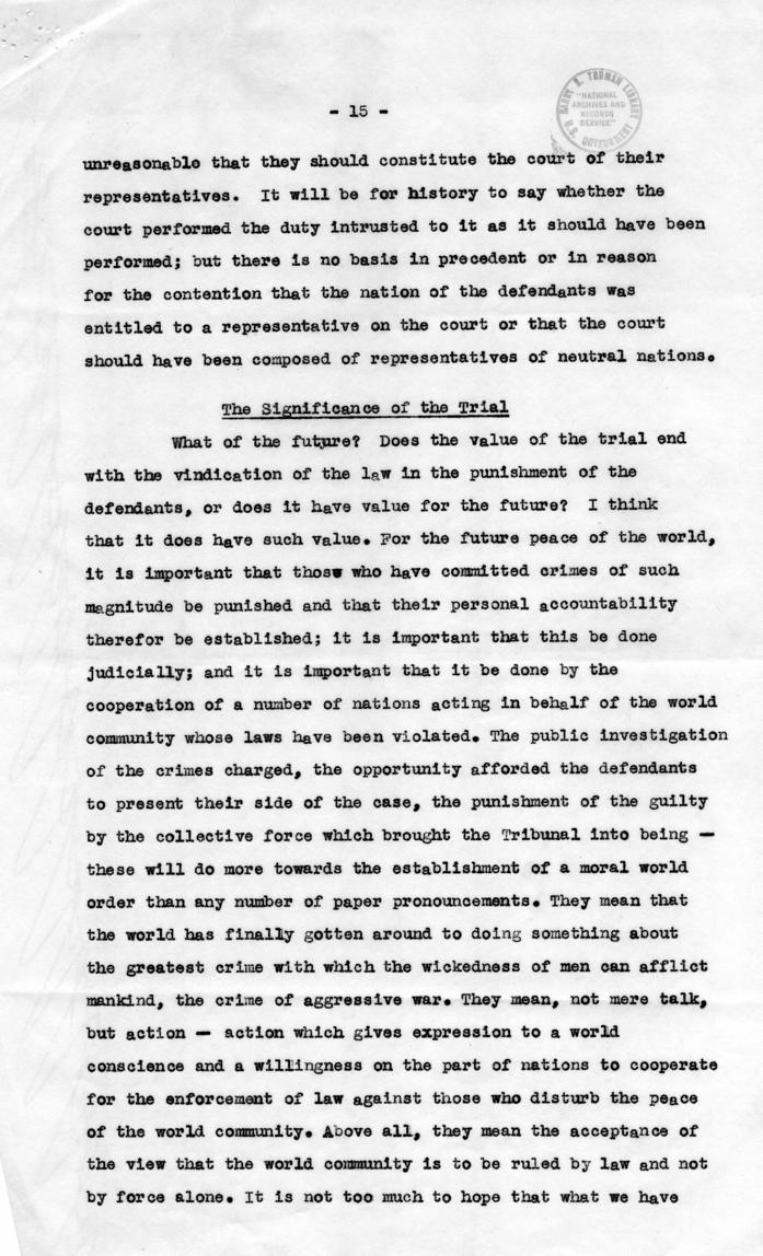 Letter from Harry S. Truman to Robert Jackson, accompanied by the text of a speech about Jackson\'s participation in the Nuremberg Trial