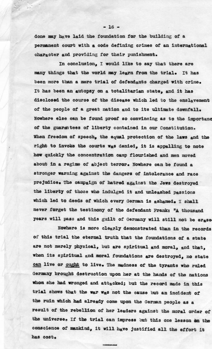 Letter from Harry S. Truman to Robert Jackson, accompanied by the text of a speech about Jackson\'s participation in the Nuremberg Trial