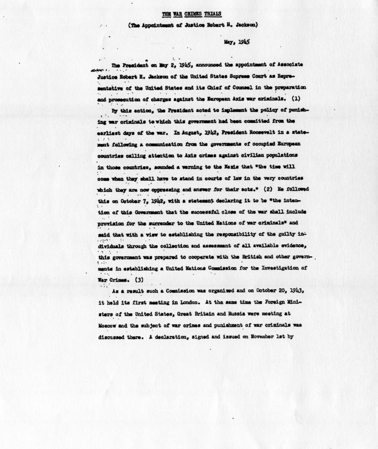 Memorandum entitled \"The War Crimes Trials (The Appointment of Justice Robert H. Jackson)\"