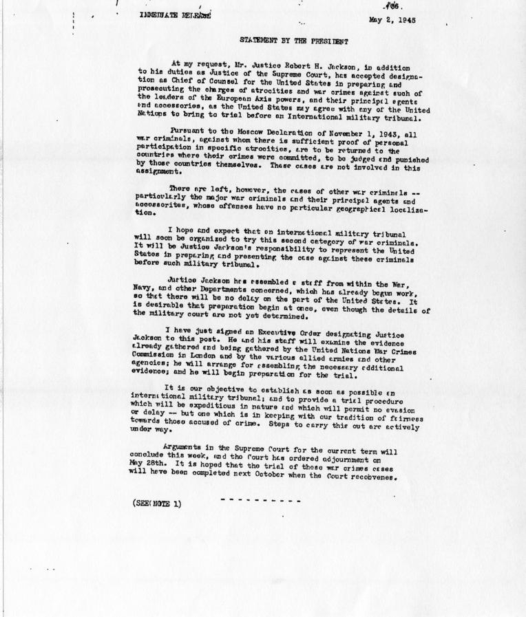 Memorandum entitled \"The War Crimes Trials (The Appointment of Justice Robert H. Jackson)\"