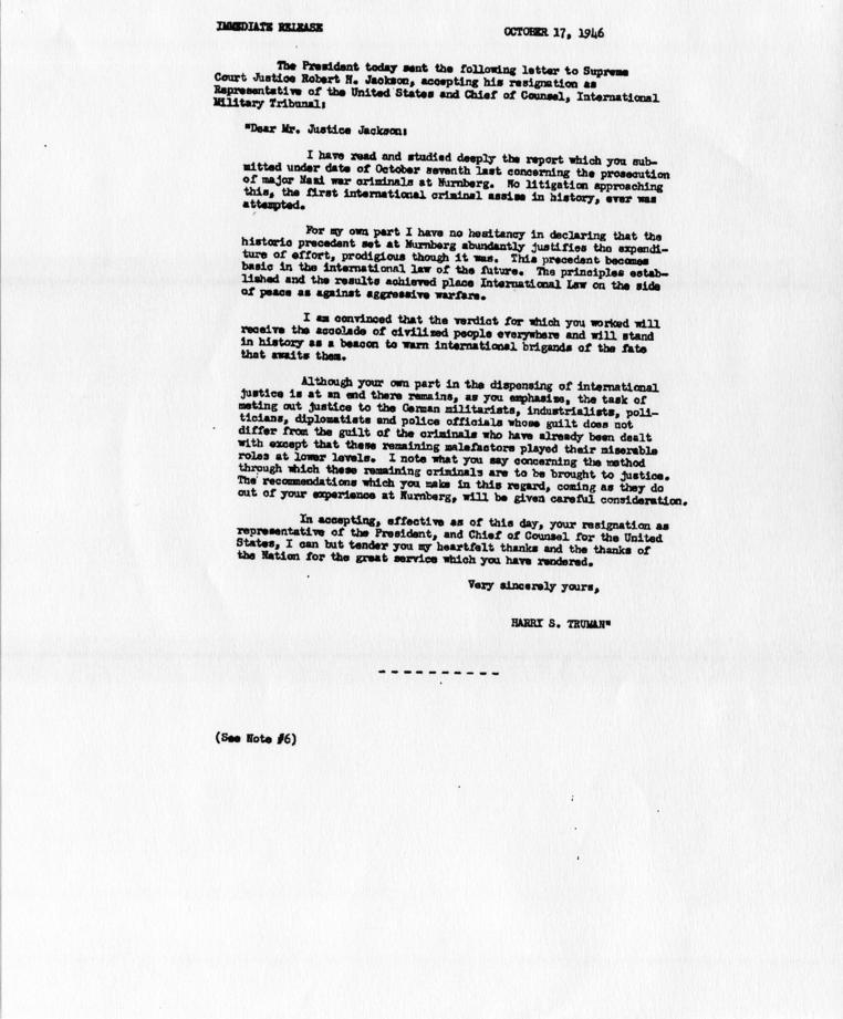 Memorandum entitled \"The War Crimes Trials (The Appointment of Justice Robert H. Jackson)\"