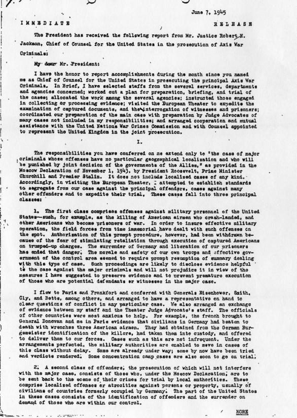 Memorandum entitled \"The War Crimes Trials (The Appointment of Justice Robert H. Jackson)\"