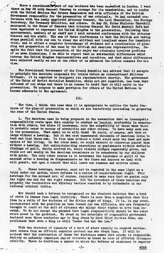 Memorandum entitled \"The War Crimes Trials (The Appointment of Justice Robert H. Jackson)\"