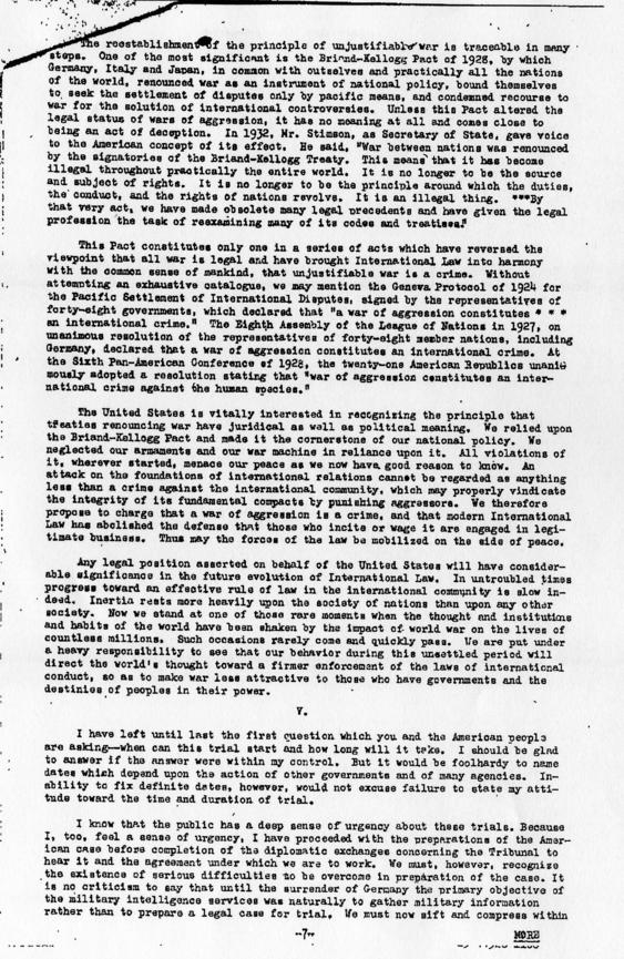 Memorandum entitled \"The War Crimes Trials (The Appointment of Justice Robert H. Jackson)\"