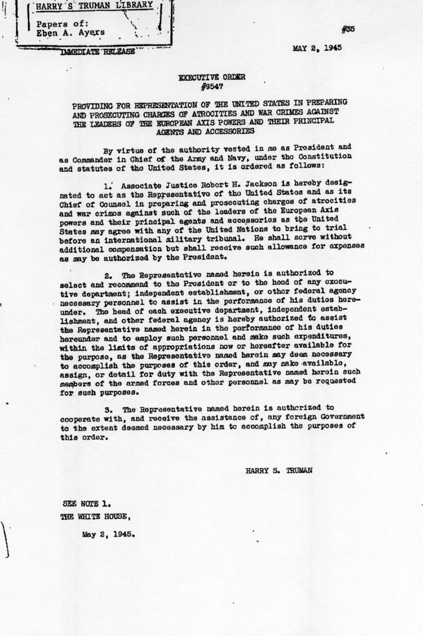 Memorandum entitled \"The War Crimes Trials (The Appointment of Justice Robert H. Jackson)\"