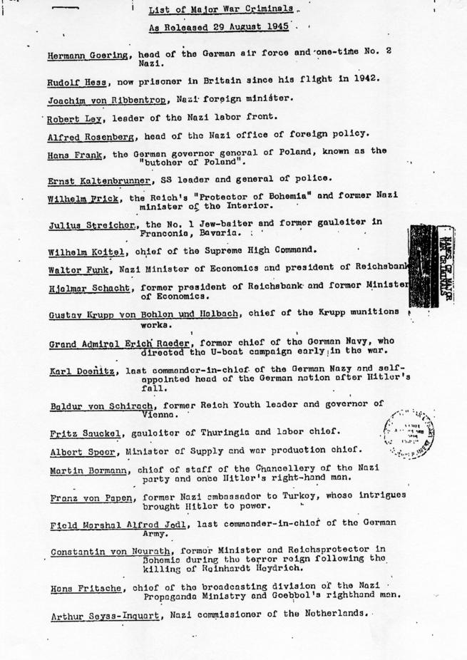 Memorandum entitled \"List of Major War Criminals\"