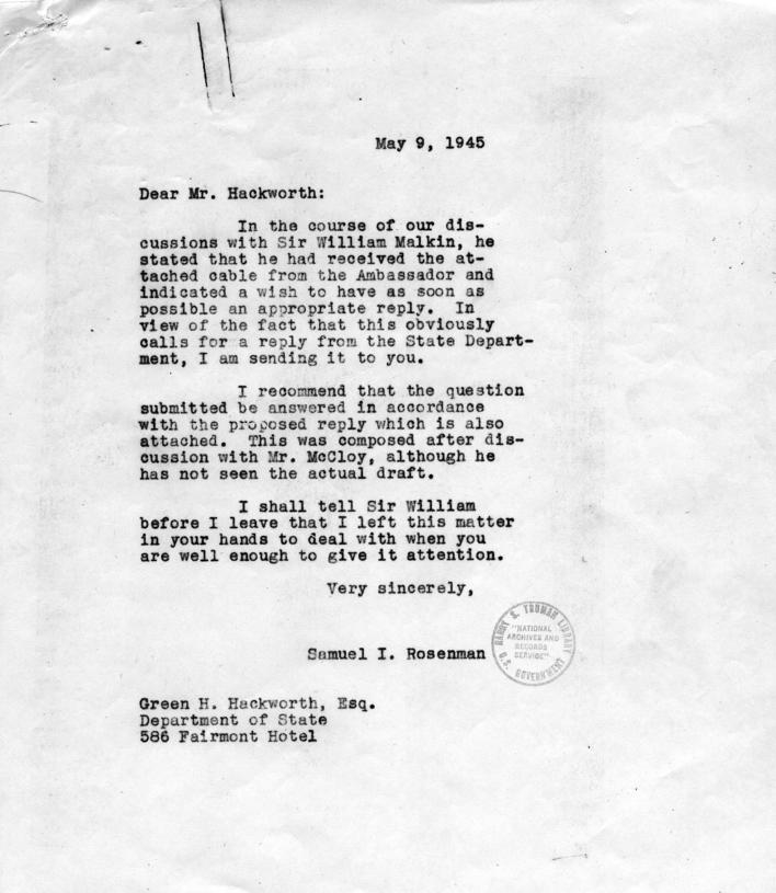 Letter from Samuel Rosenman to Green H. Hackworth, accompanied by related materials