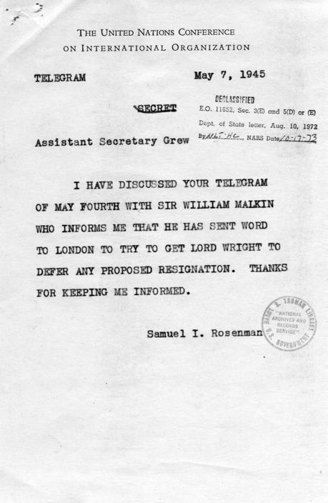 Letter from Samuel Rosenman to Green H. Hackworth, accompanied by related materials