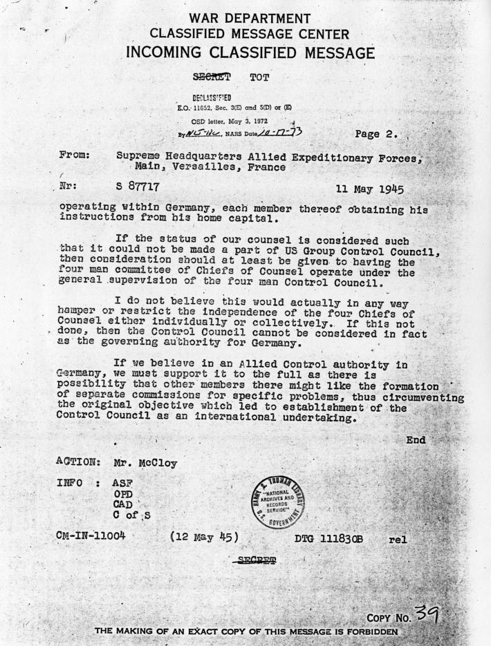 Telegrams between Lucius Clay and John McCloy