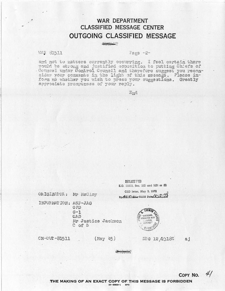 Telegrams between Lucius Clay and John McCloy