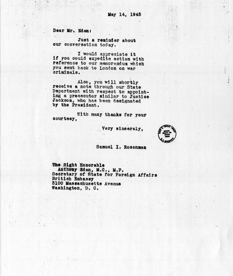 Letter from Samuel Rosenman to Anthony Eden, accompanied by memorandum from Green Hackworth to Sir William Malkin