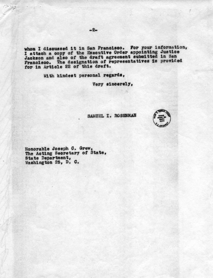 Letter from Samuel Rosenman to Joseph C. Grew, accompanied by related correspondence