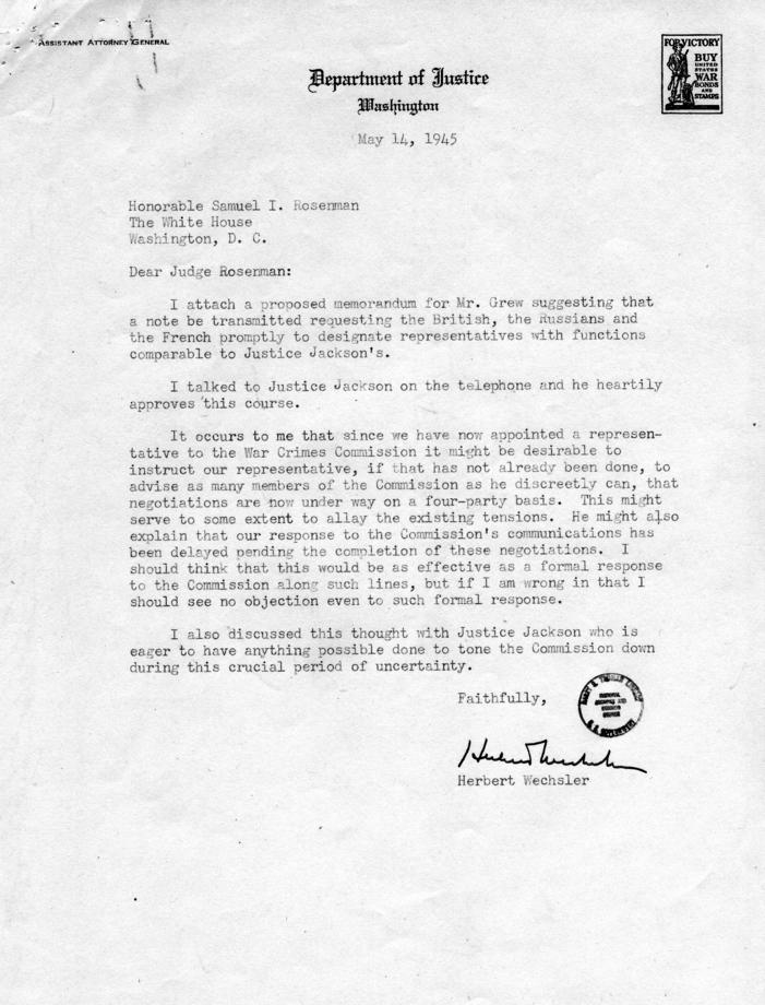 Letter from Samuel Rosenman to Joseph C. Grew, accompanied by related correspondence