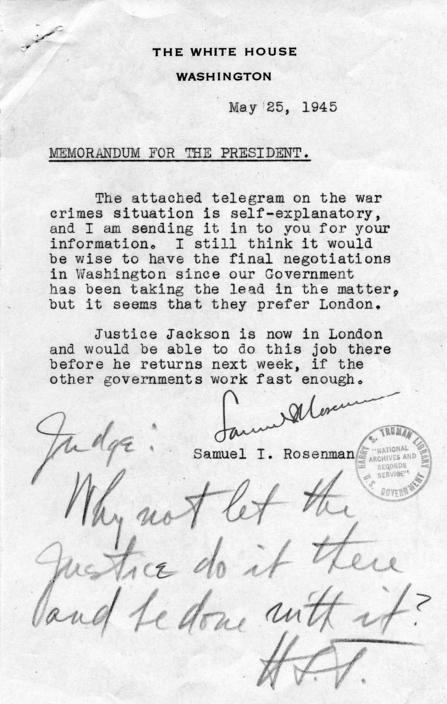 Memorandum from Samuel Rosenman to Harry S. Truman, accompanied by copies of a telegram from Green Hackworth to Joseph Grew