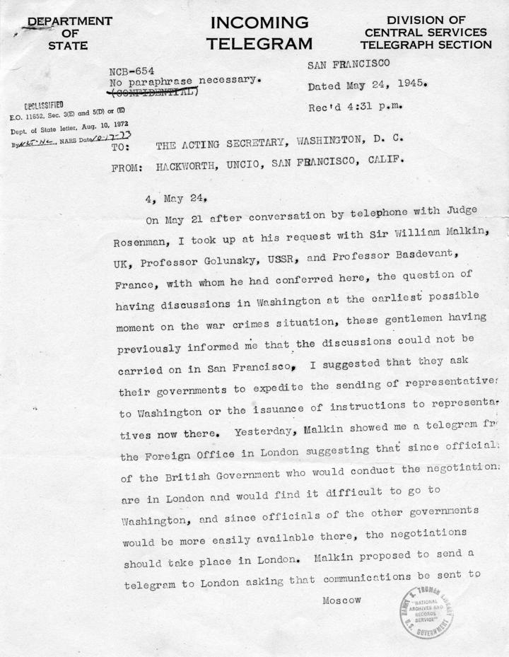 Memorandum from Samuel Rosenman to Harry S. Truman, accompanied by copies of a telegram from Green Hackworth to Joseph Grew