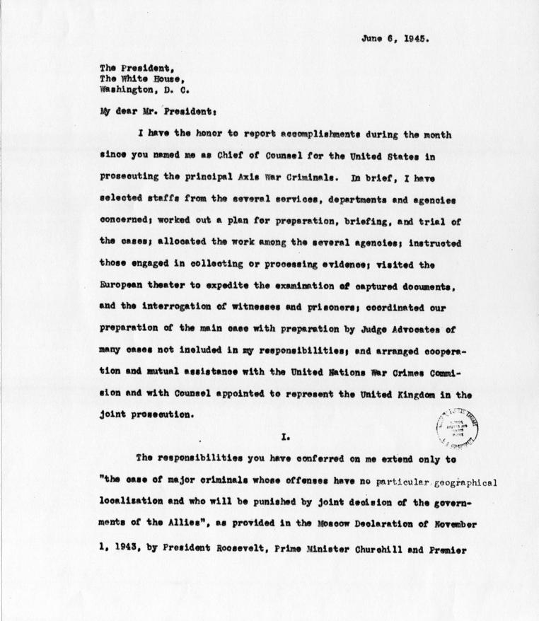 Letter from Robert Jackson to Harry S. Truman