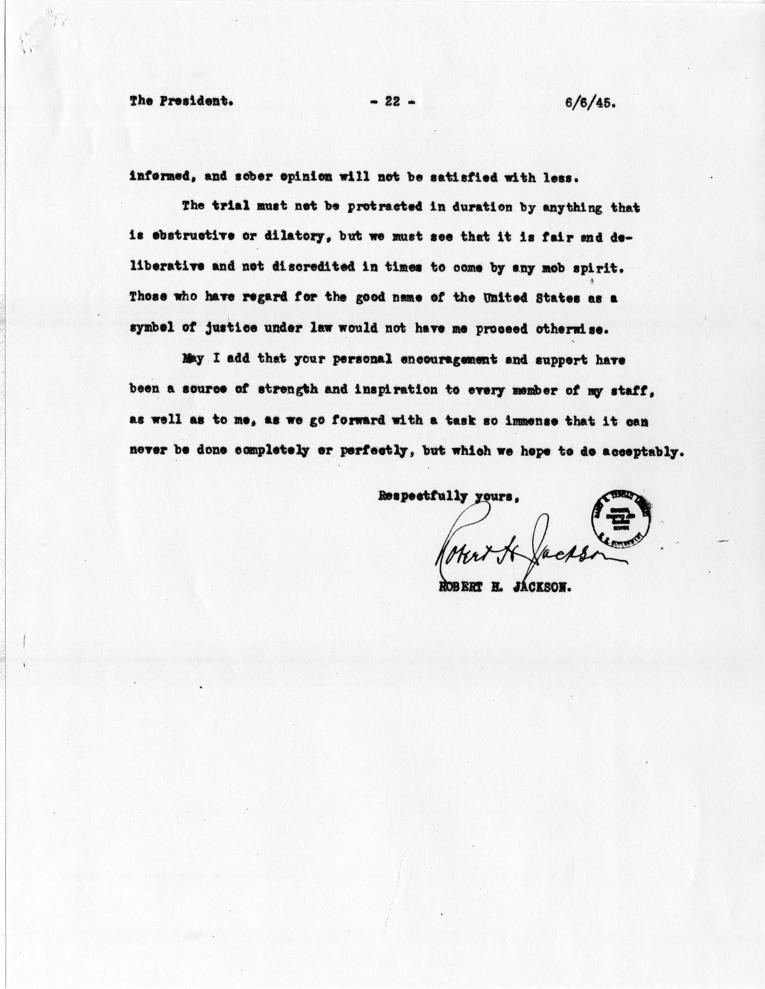 Letter from Robert Jackson to Harry S. Truman