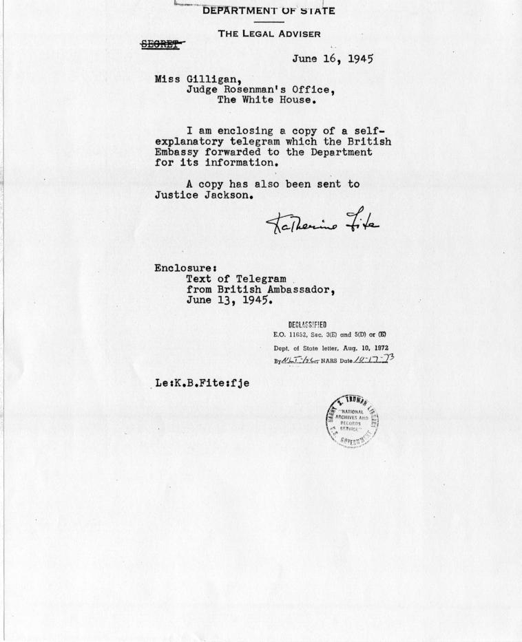 Letter from Katherine Fite to Kitty Gilligan, accompanied by a copy of a telegram from the British Embassy to the Department of State