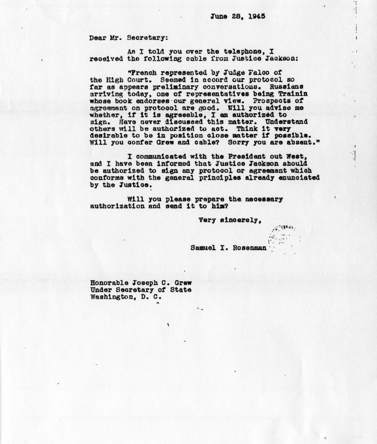 Letter from Samuel Rosenman to Joseph C. Grew, accompanied by related materials