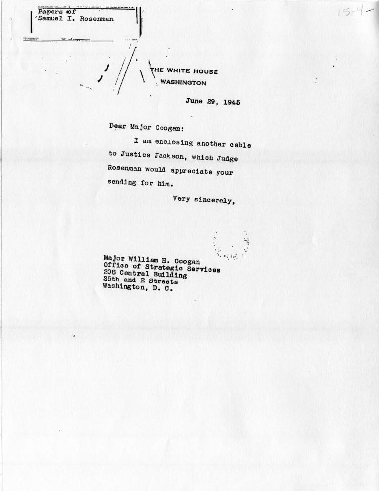Copy of telegram from Samuel Rosenman to Robert Jackson, accompanied by related correspondence