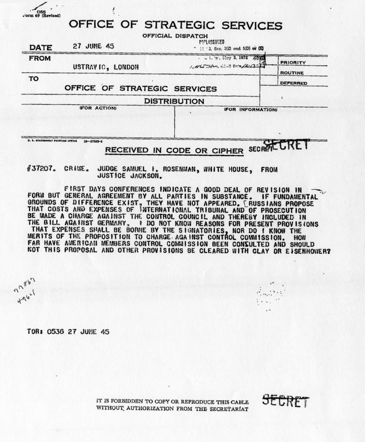 Copy of telegram from Samuel Rosenman to Robert Jackson, accompanied by related correspondence