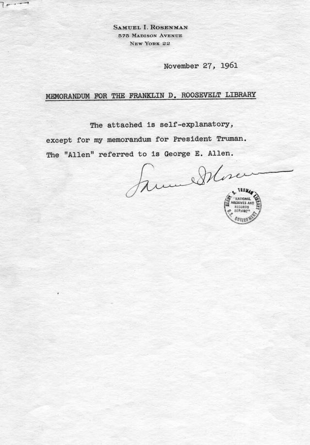 Memorandum from Samuel Rosenman to Franklin D. Roosevelt, with related correspondence