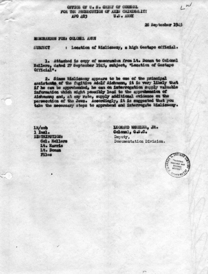 Memorandum from Leonard Wheeler to Colonel Amen, accompanied by a memorandum from Nichoals Doman to Colonel Hollers