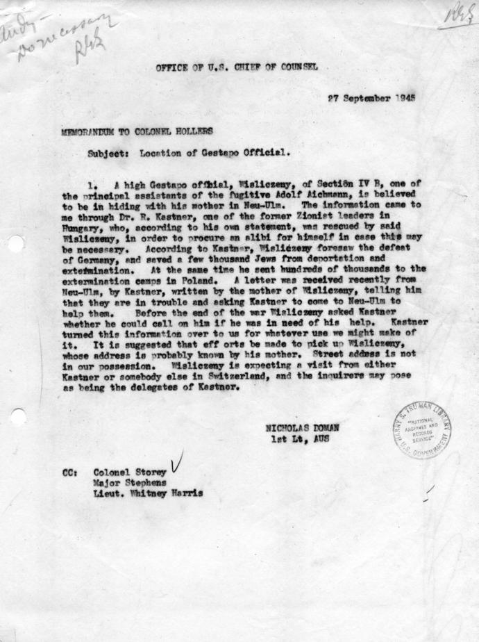 Memorandum from Leonard Wheeler to Colonel Amen, accompanied by a memorandum from Nichoals Doman to Colonel Hollers