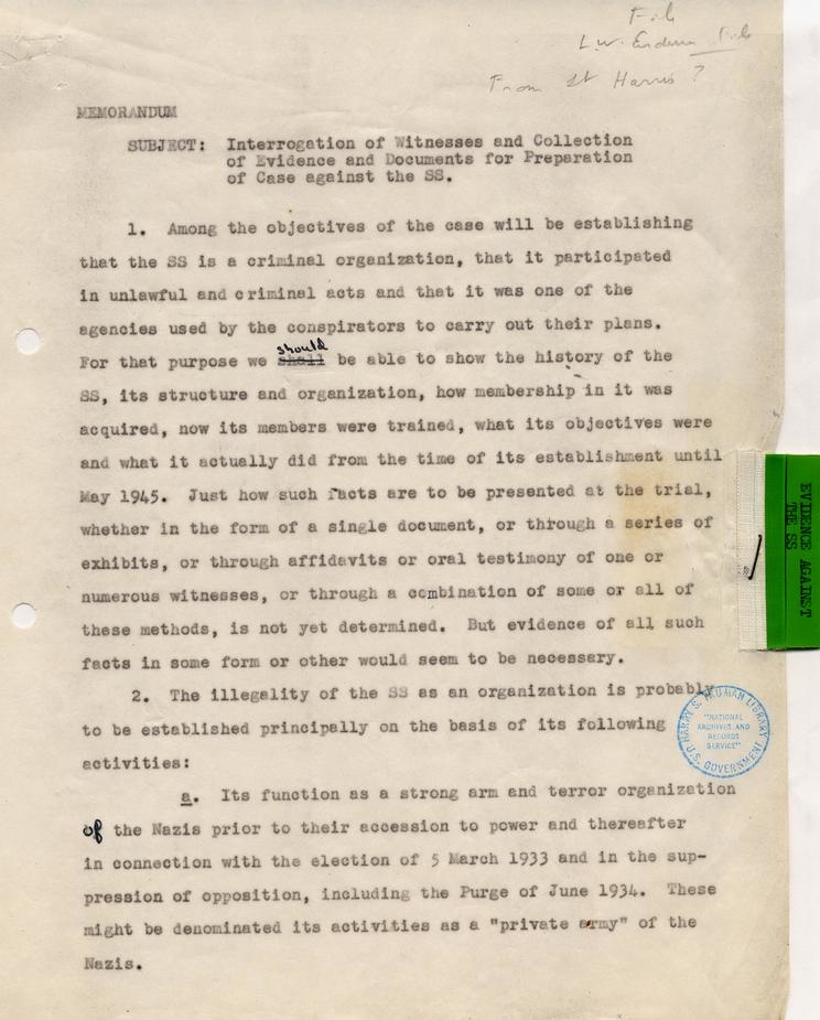 Memorandum, \"Interrogation of Witnesses and Collection of Evidence and Documents for Preparation of Case against the SS\"