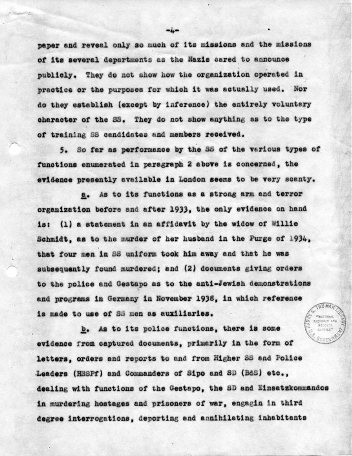 Memorandum, \"Interrogation of Witnesses and Collection of Evidence and Documents for Preparation of Case against the SS\"