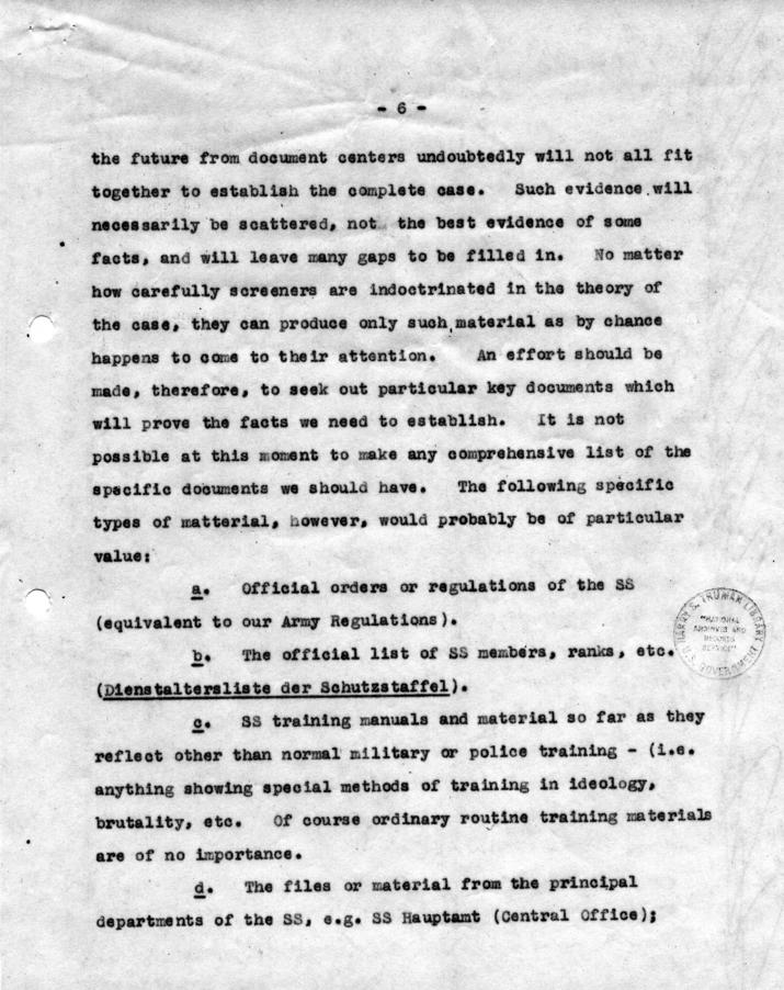 Memorandum, \"Interrogation of Witnesses and Collection of Evidence and Documents for Preparation of Case against the SS\"