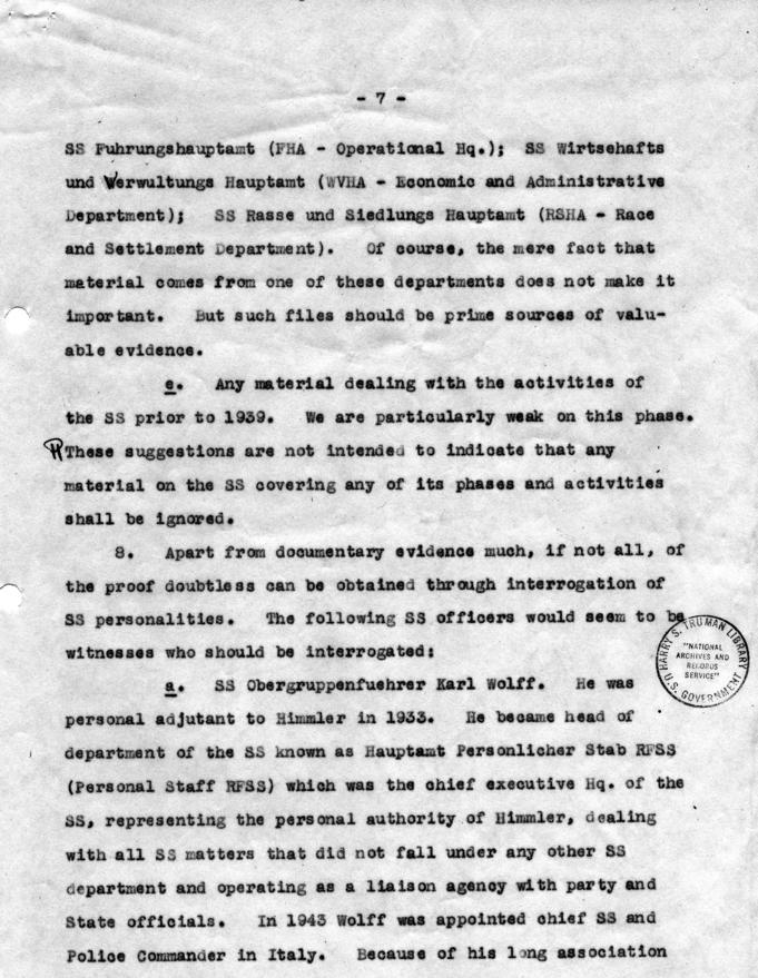 Memorandum, \"Interrogation of Witnesses and Collection of Evidence and Documents for Preparation of Case against the SS\"