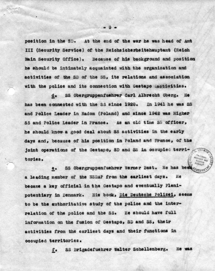 Memorandum, \"Interrogation of Witnesses and Collection of Evidence and Documents for Preparation of Case against the SS\"