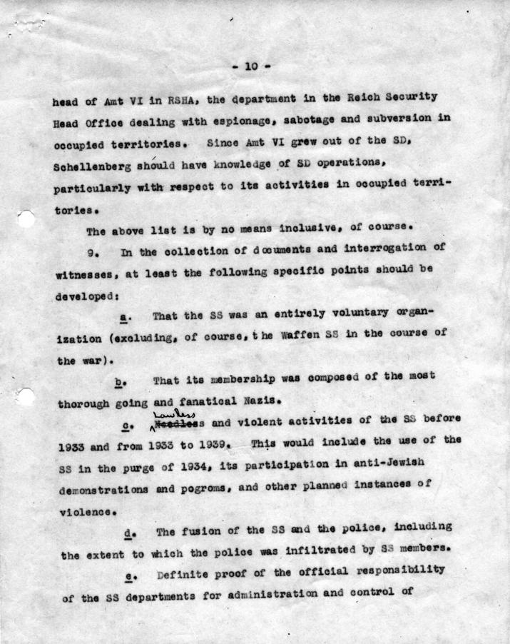 Memorandum, \"Interrogation of Witnesses and Collection of Evidence and Documents for Preparation of Case against the SS\"