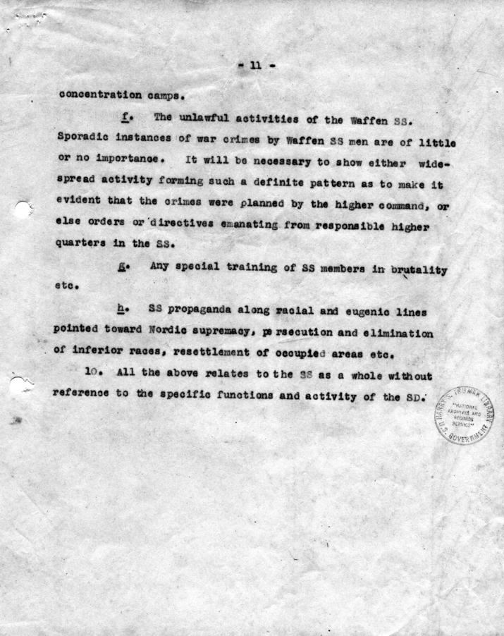 Memorandum, \"Interrogation of Witnesses and Collection of Evidence and Documents for Preparation of Case against the SS\"