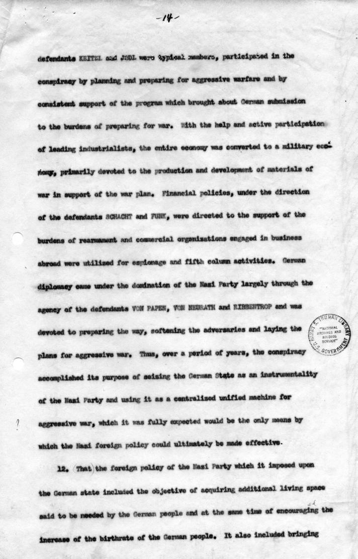 Draft of Nuremberg Major War Crimes Trial Indictment