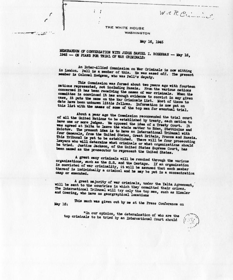 Memorandum of Conversation with Samuel Rosenman accompanied by a press release from the Yalta Conference