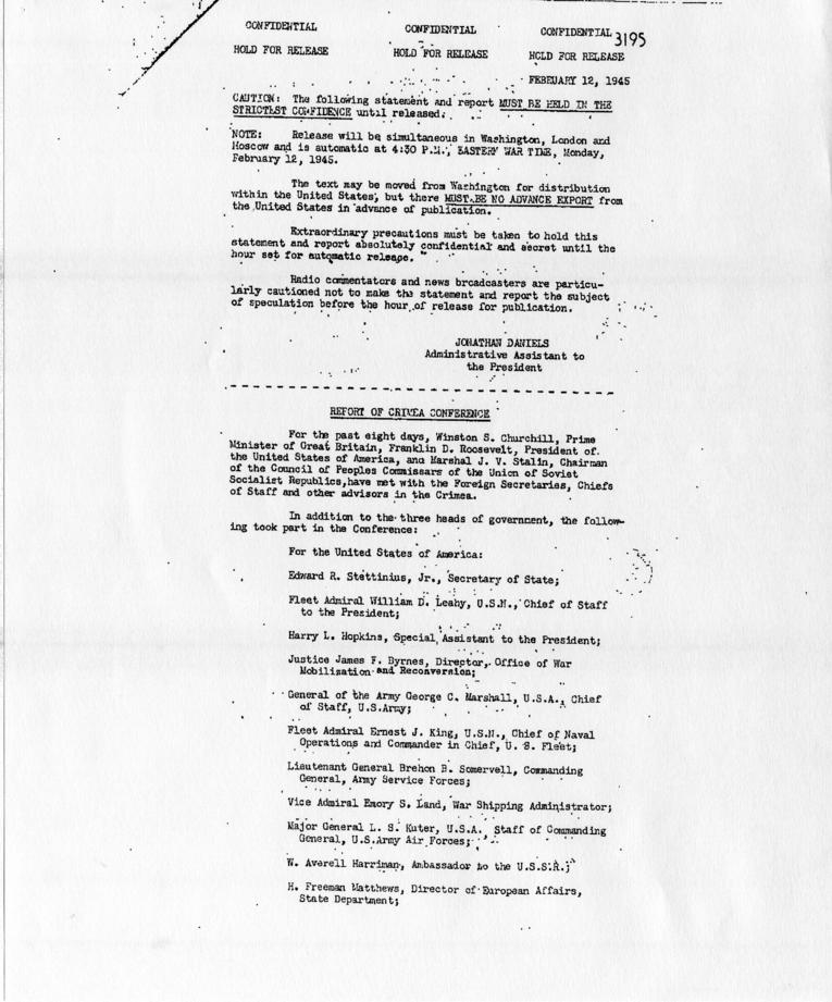 Memorandum of Conversation with Samuel Rosenman accompanied by a press release from the Yalta Conference