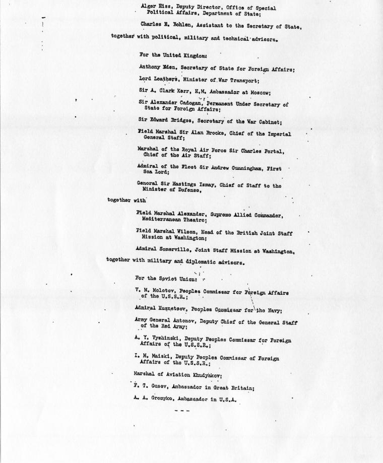 Memorandum of Conversation with Samuel Rosenman accompanied by a press release from the Yalta Conference