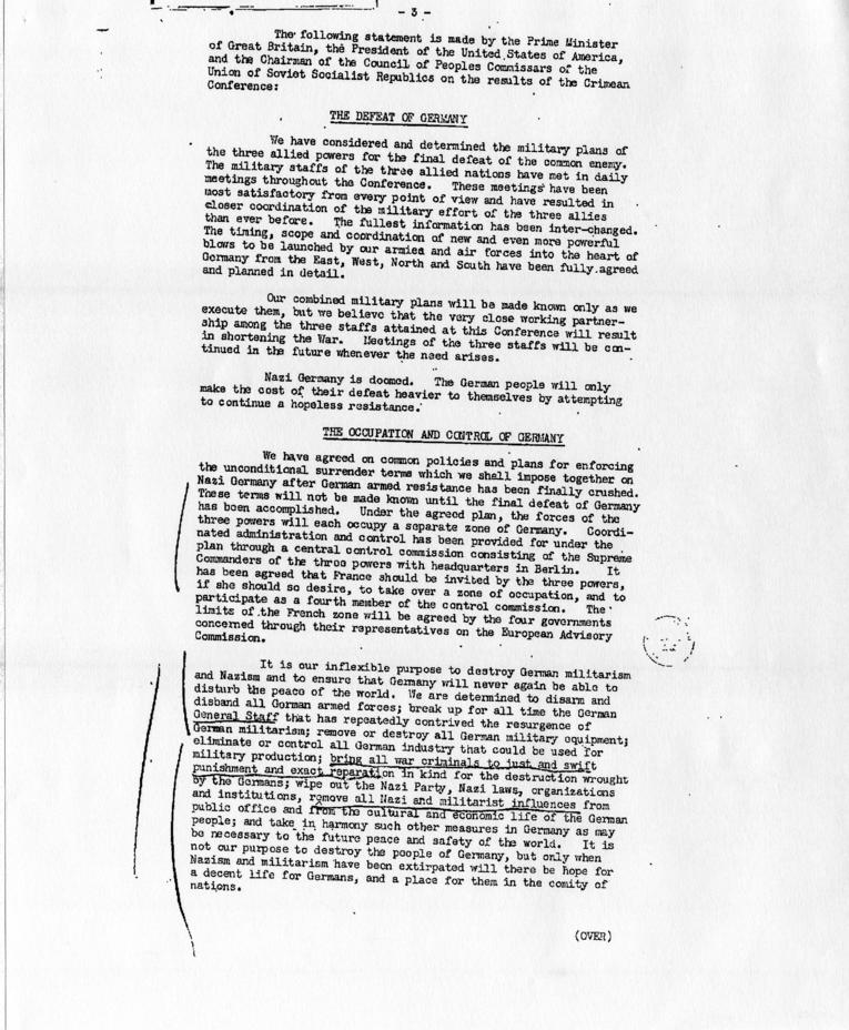 Memorandum of Conversation with Samuel Rosenman accompanied by a press release from the Yalta Conference