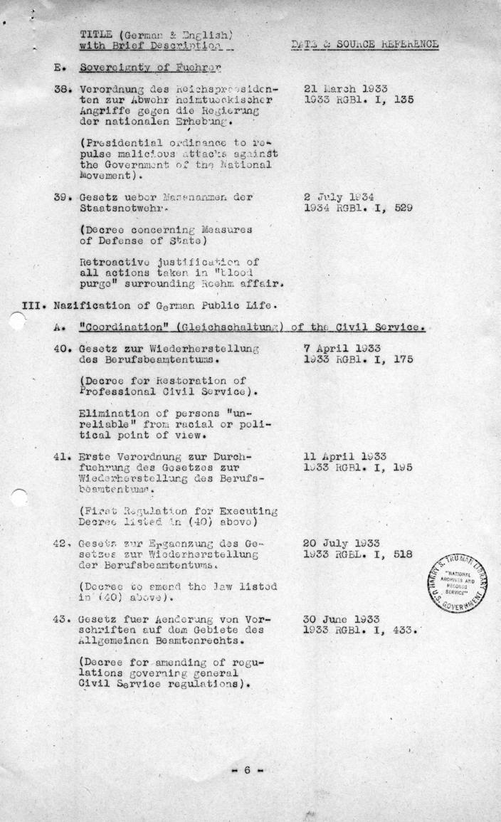 Memorandum, \"Tentative British-American List of Documents Proving Creation of Nazi State\"