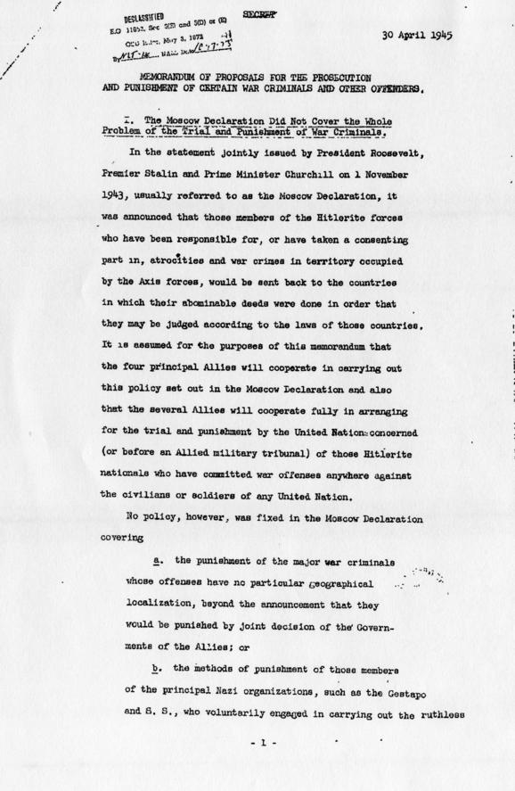 Memorandum of Proposals for the Prosecution and Punishment of Certain War Criminals and Other Offenders