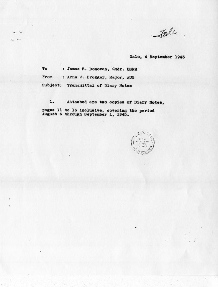 Arne Brogger to James B. Donovan, accompanied by diary notes