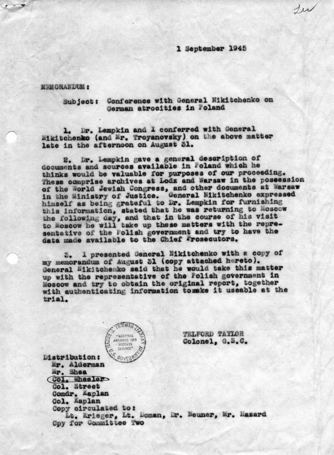 Memorandum from Telford Taylor, accompanied by a memorandum from Telford Taylor to General Ion Nikitchenko