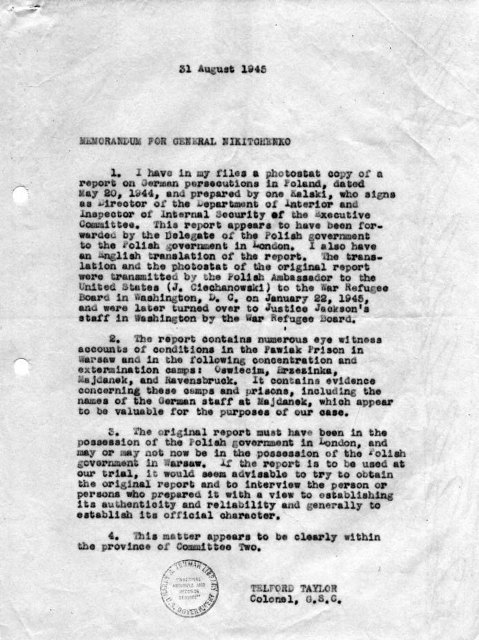 Memorandum from Telford Taylor, accompanied by a memorandum from Telford Taylor to General Ion Nikitchenko
