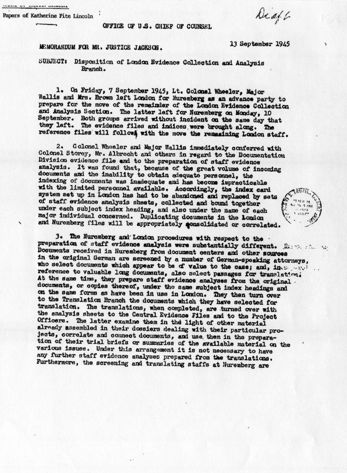 Memorandum from Leonard Wheeler to Robert Jackson